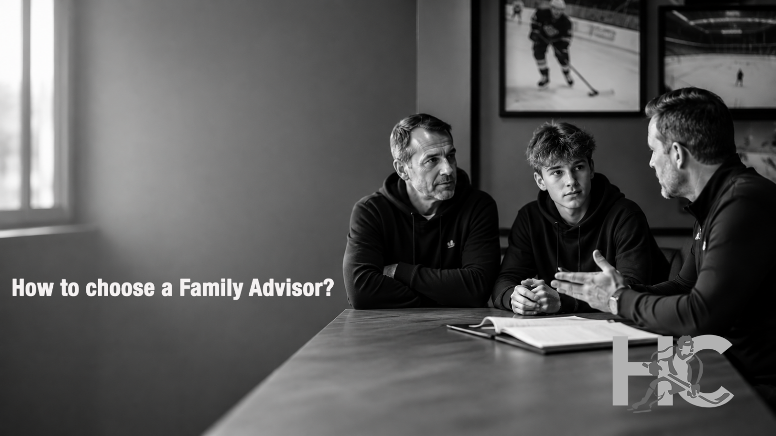 Family evaluating a hockey advisor at a table