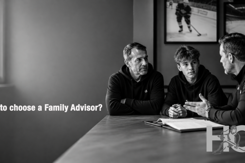 Family evaluating a hockey advisor at a table