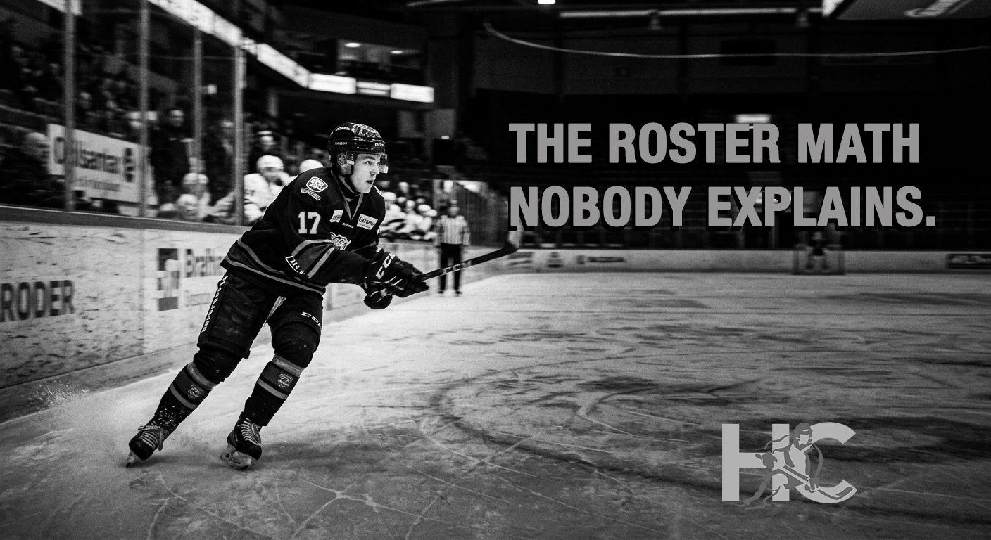 Junior hockey player mid-stride on ice at training camp