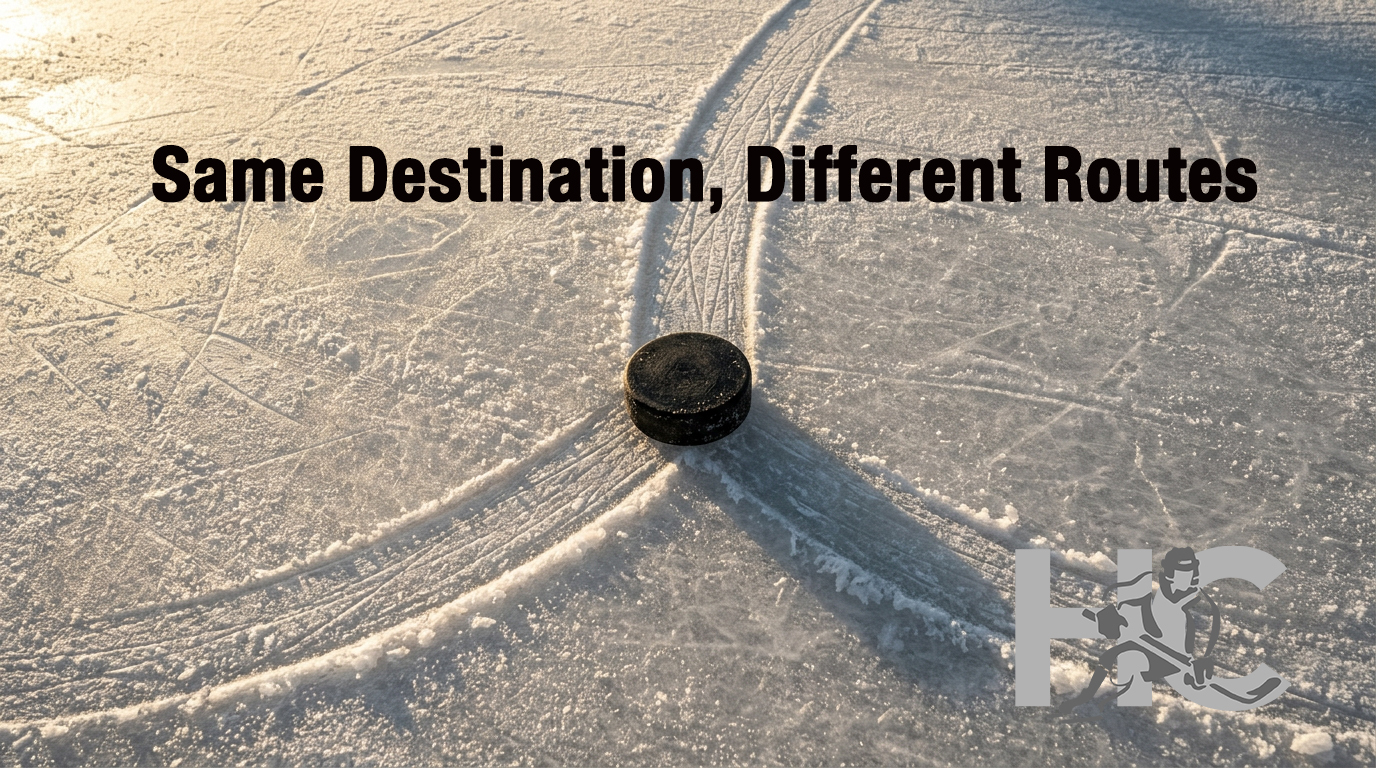 A puck at the point where one skate trail splits into two, representing the AAA to prep school or junior hockey decision point